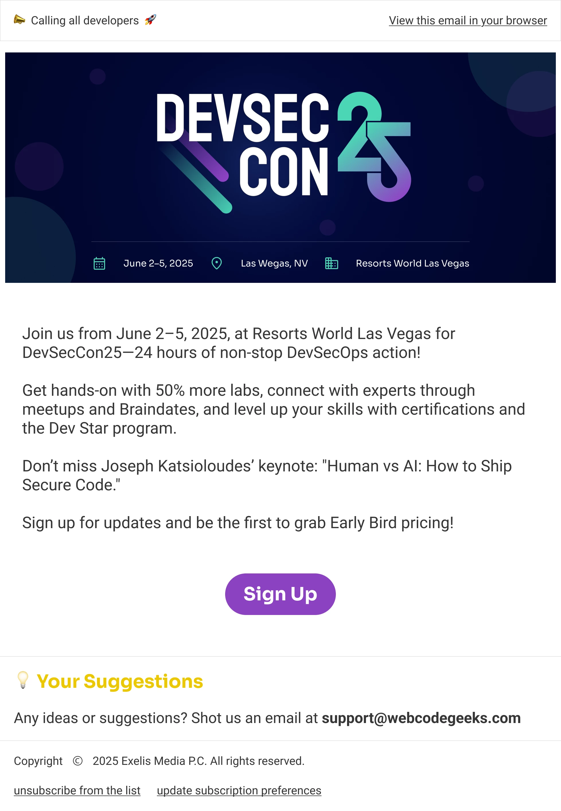 A dedicated email from DevSecCon featured in the Web Tools Weekly newsletter (sent using Paved and MailerLite) 