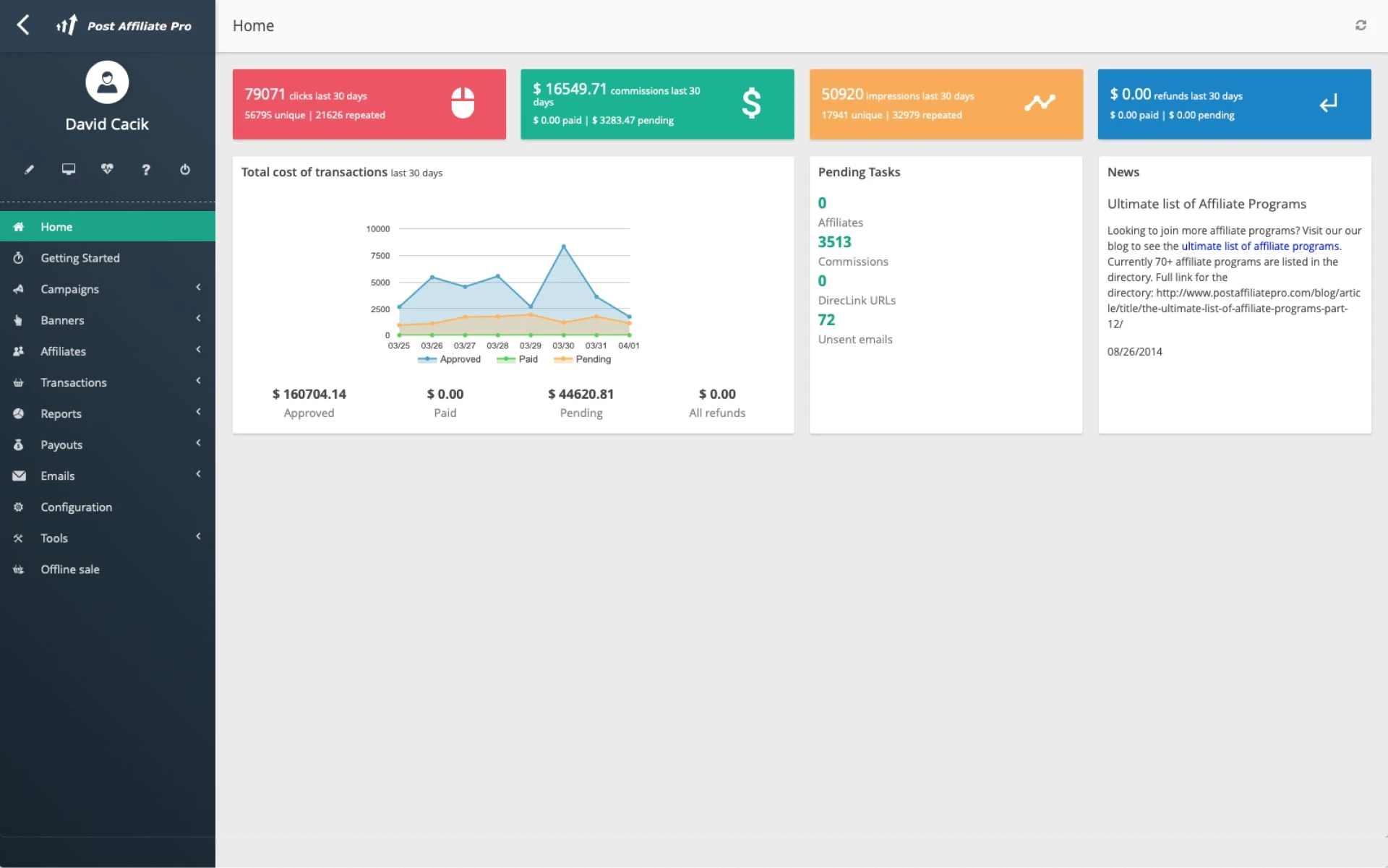 Screenshot of the Post Affiliate Pro dashboard displaying color-coded stats next to a black sidebar