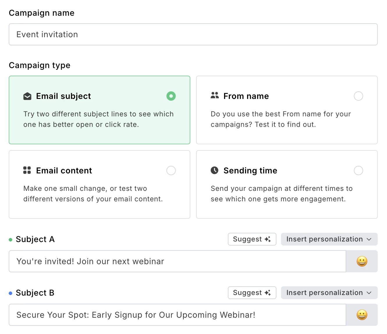 MailerLite subject line a/b testing dashboard