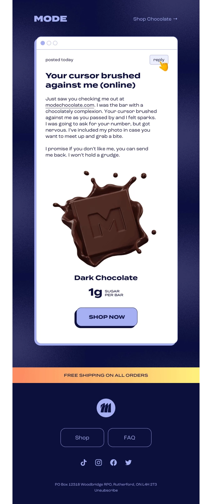 Abandoned cart email example from Mode Chocolate