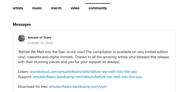 Screenshot of an artist sharing an update on Bandcamp's community feature 