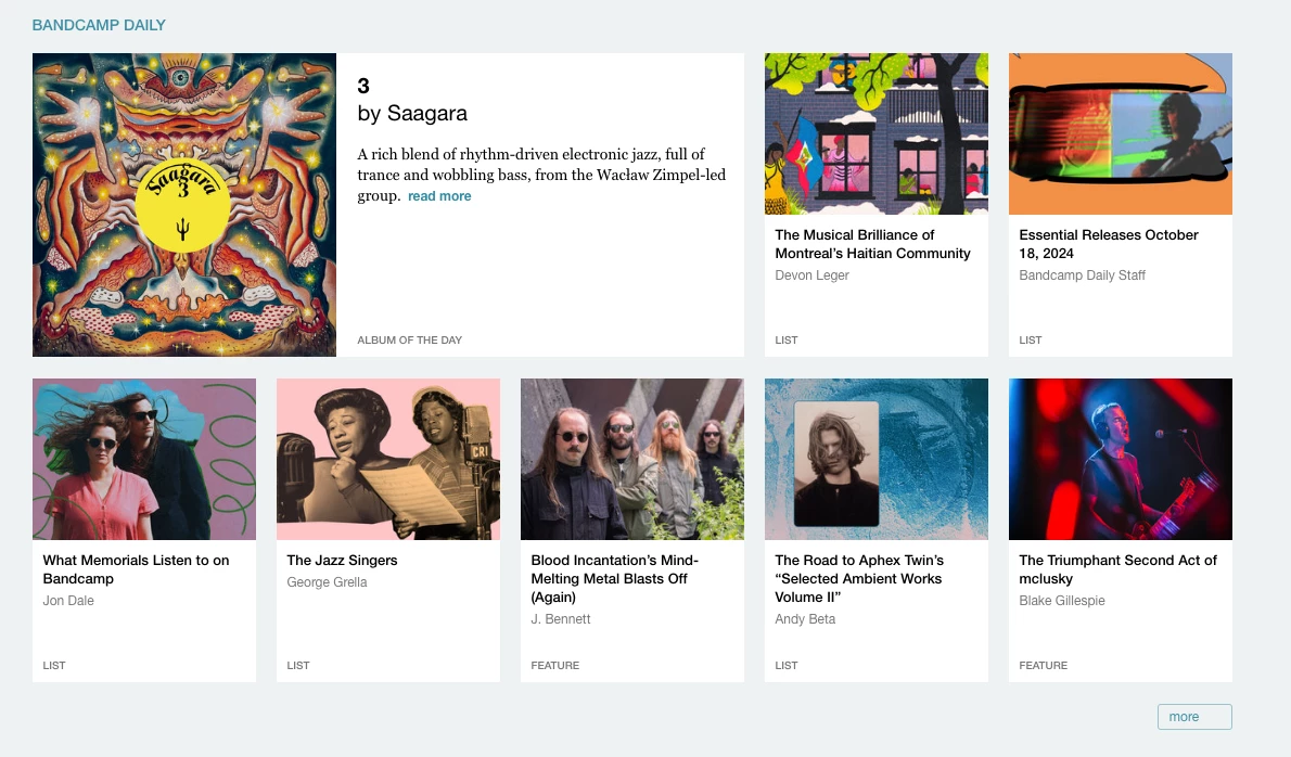 Screenshot of Bandcamp daily with featured artists 