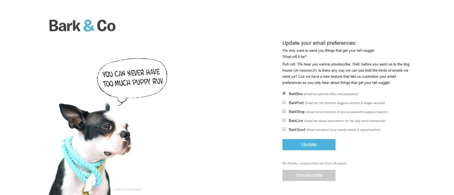 Bark & Co unsubscribe page example