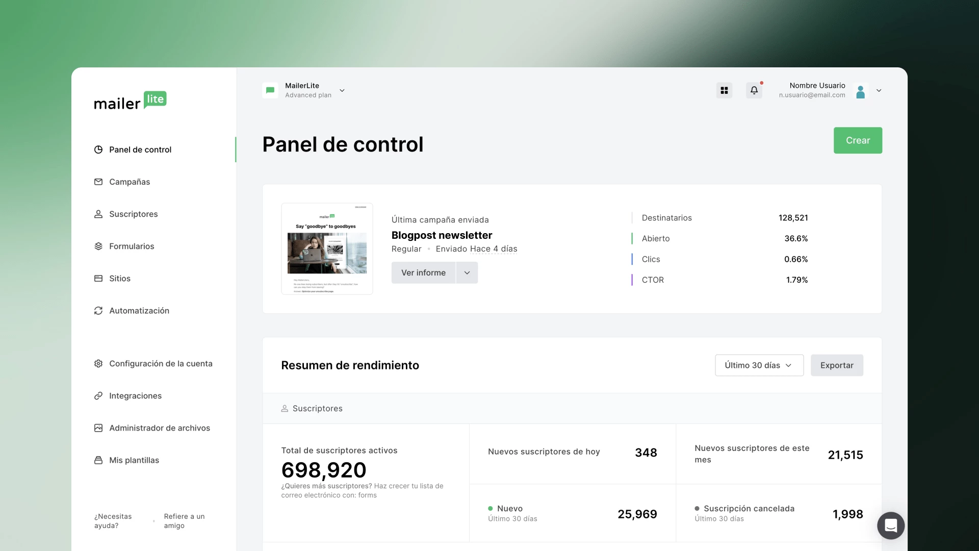 Panel de control de MailerLite en español