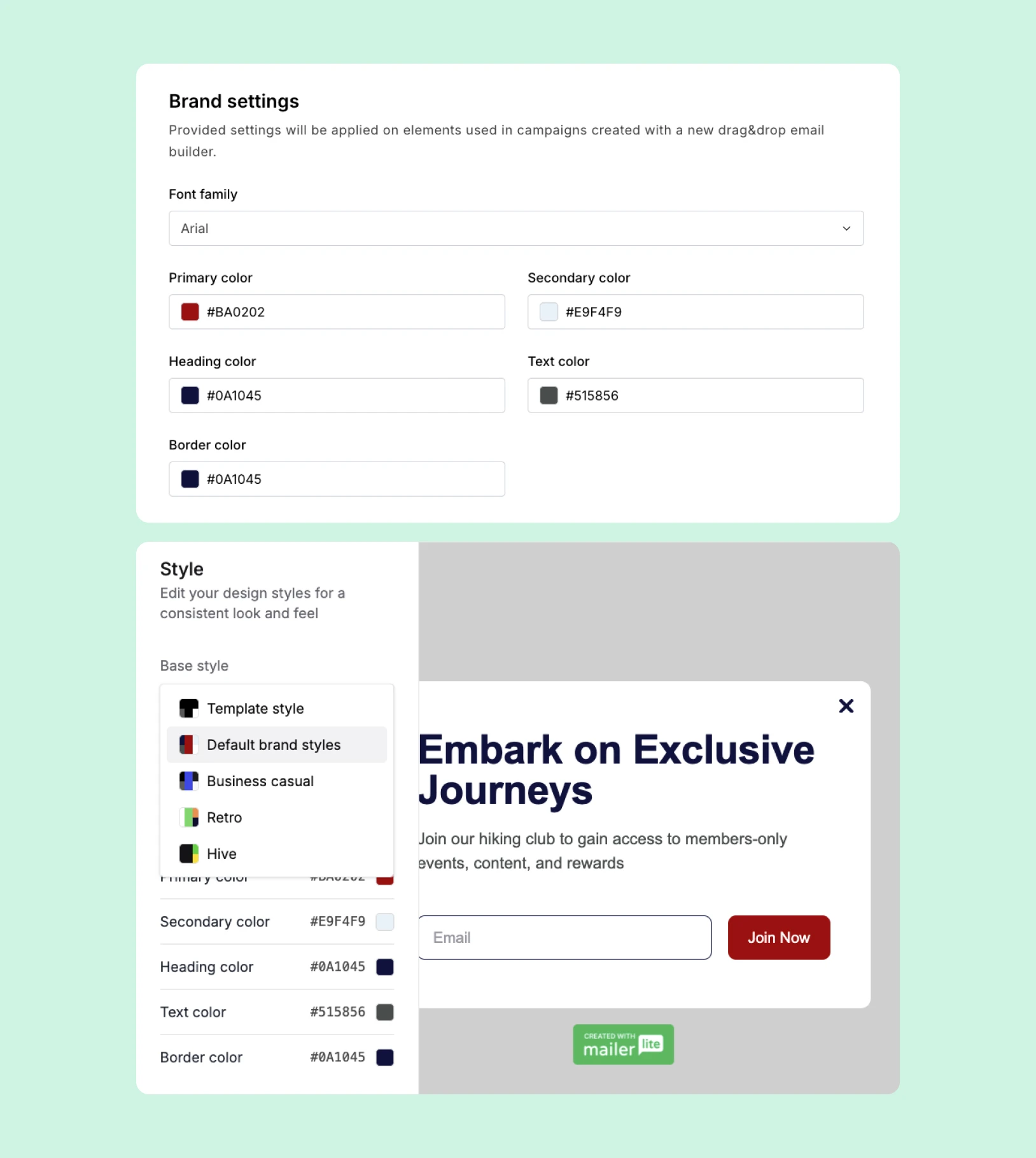 Brand style settings and the relevant menu in the MailerLite pop-up builder