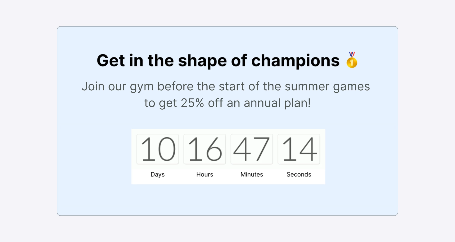 An embedded countdown time with an summer games-themed message.