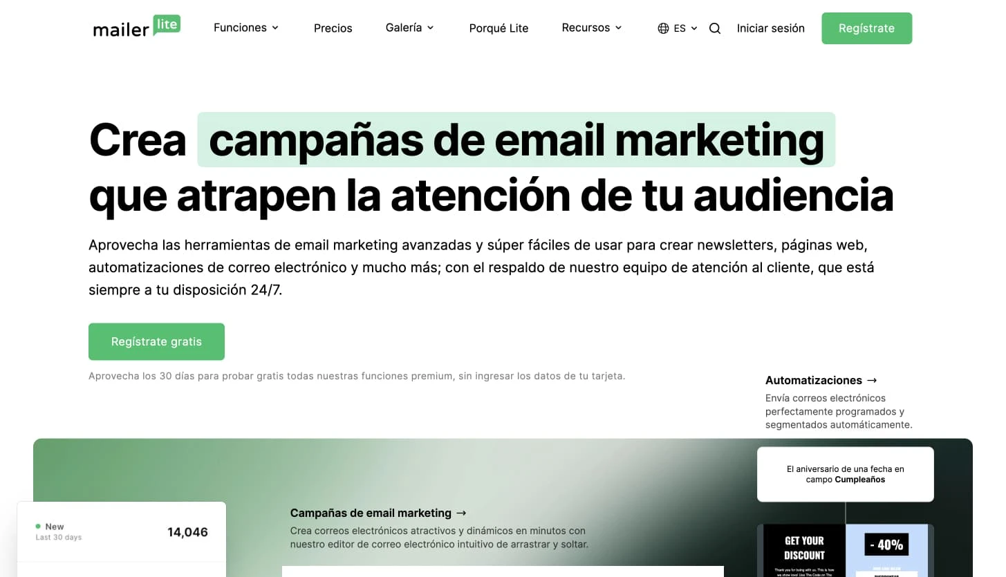 Diseño de página de inicio de MailerLite