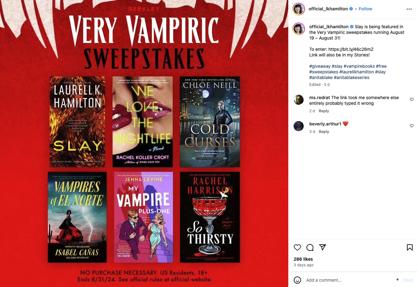 Instagram post for an author giveaway