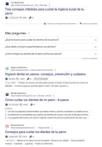 Resultado de la búsqueda en Google cuidado de los dientes de los perros