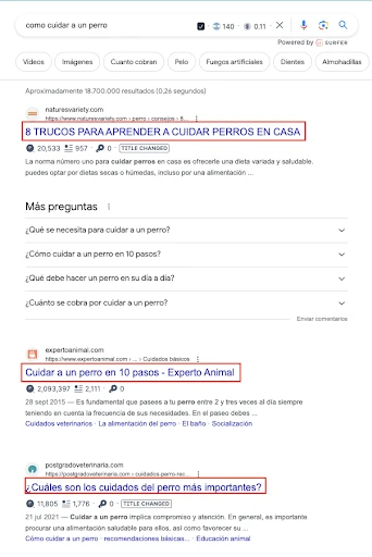 página de resultados de un motor de búsqueda sobe cómo cuidar a los perros