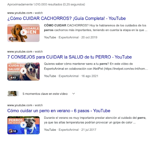 Resultados de búsqueda de videos en google