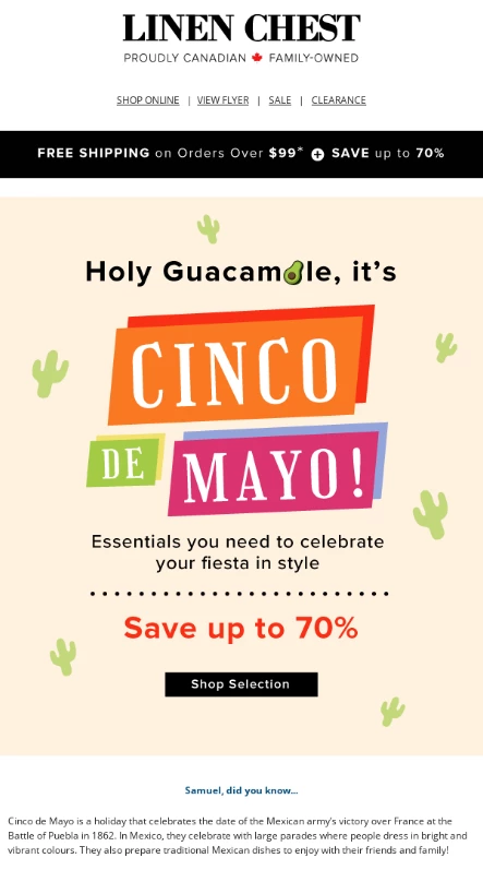 Linen Chest Cinco de Mayo newsletter example