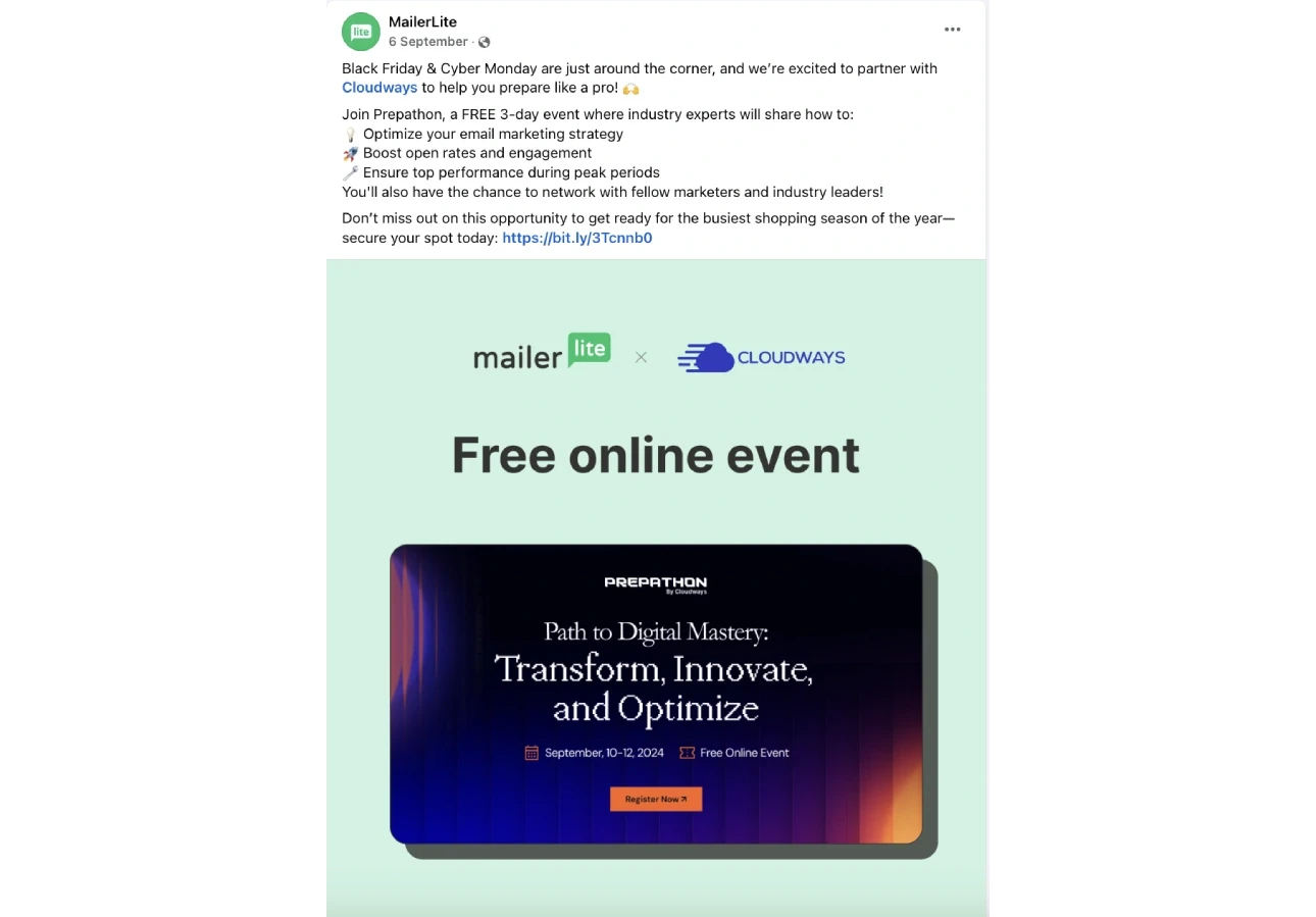 Cloudway and MailerLite webinar Facebook post.