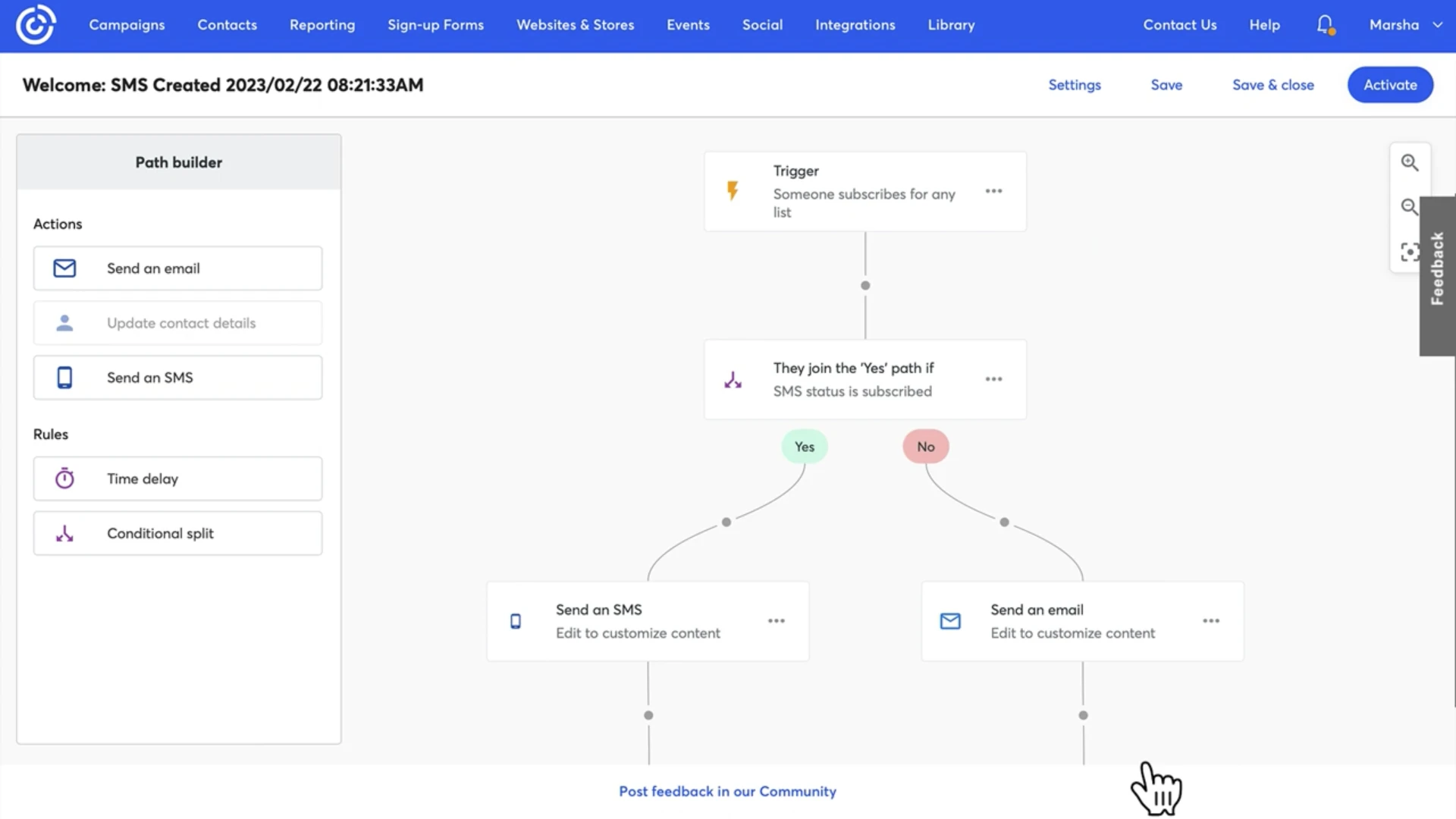 Constant Contact's workflow automation builder