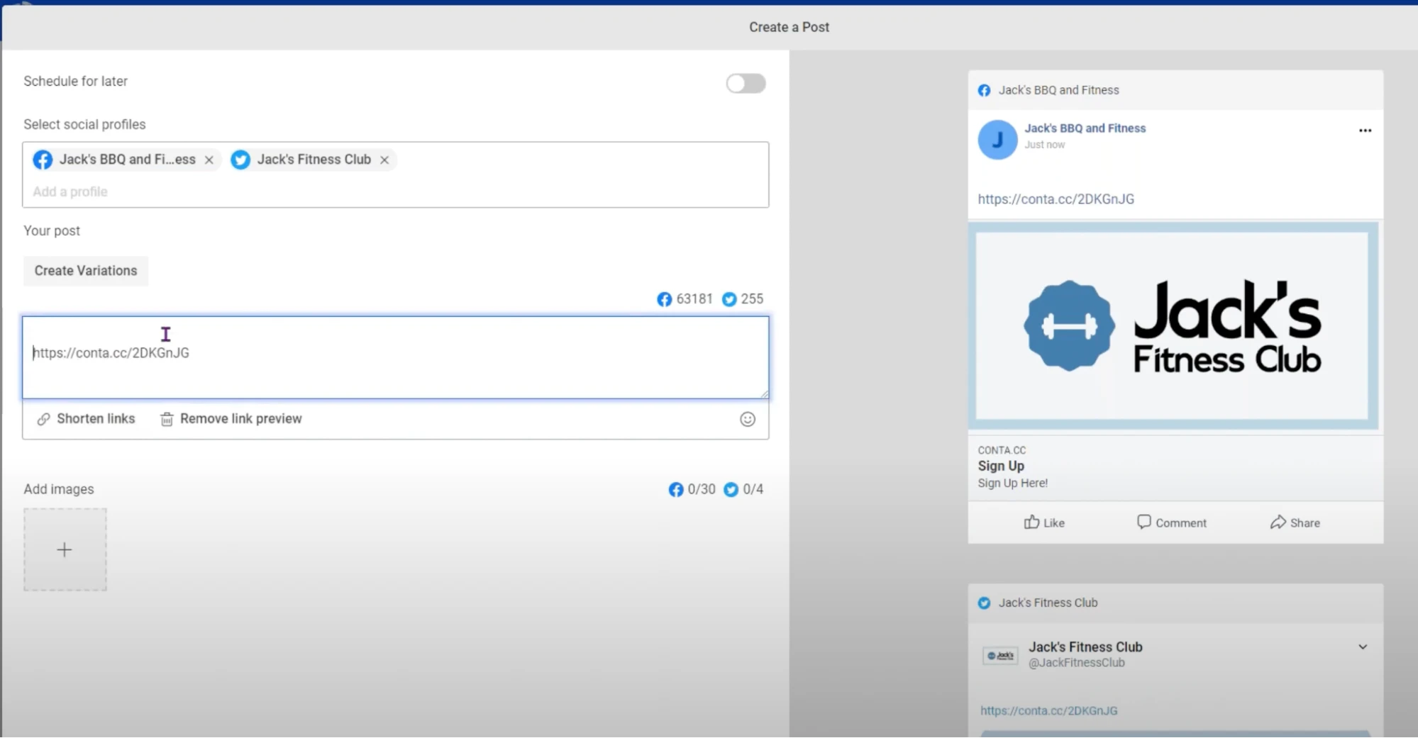 Constant Contact's social media scheduling features