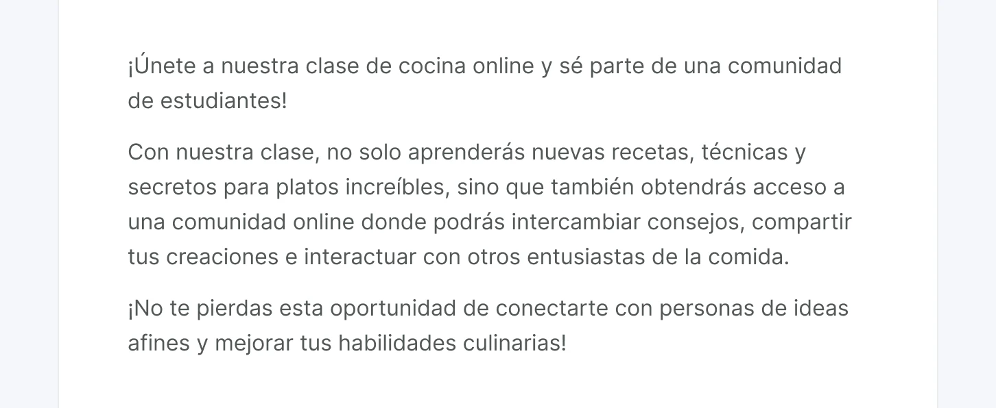 Contenidos de IA que promueven una comunidad de cursos de cocina