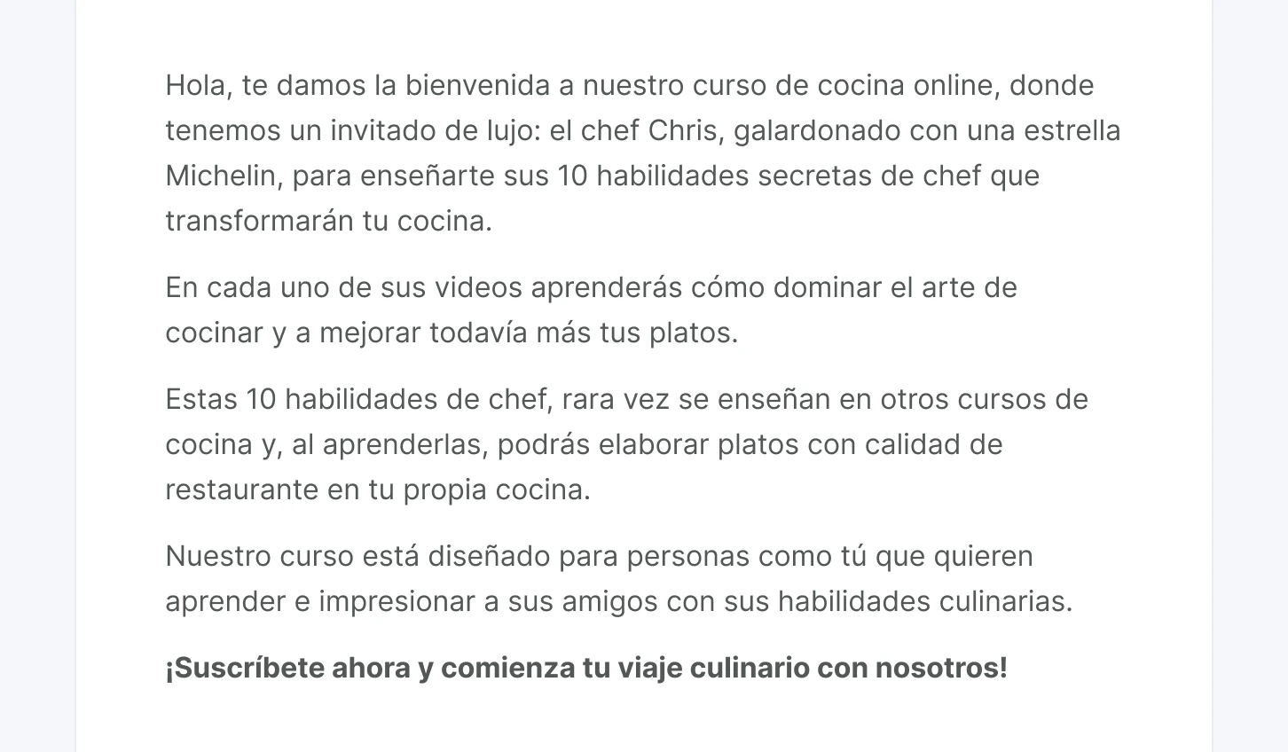 Correo electrónico de bienvenida al curso de cocina generado por la IA de MailerLite