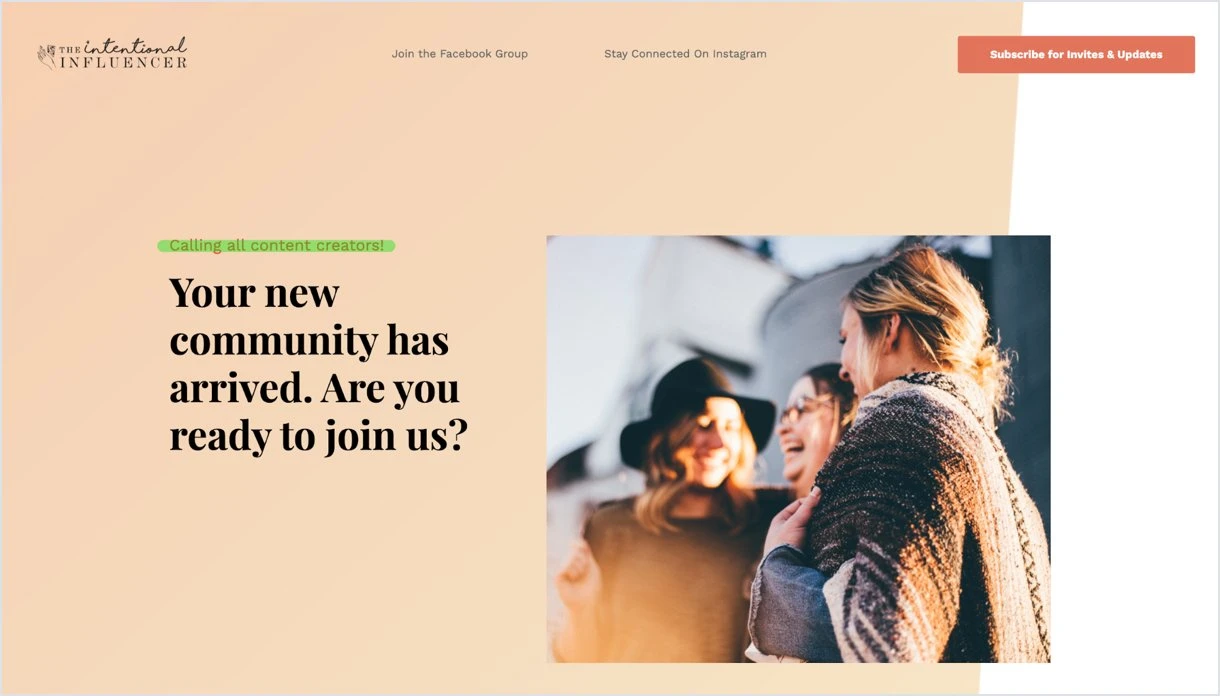 The Intentional Influencer’s high converting landing page orange background homepage