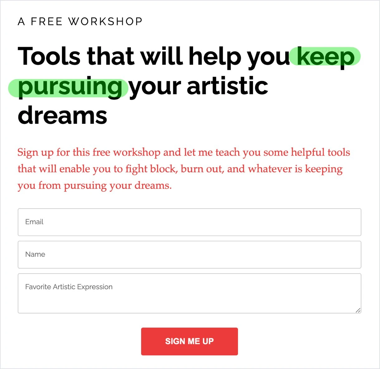 Landing page for JennyRebecca workshop minimalist signup form red cta button