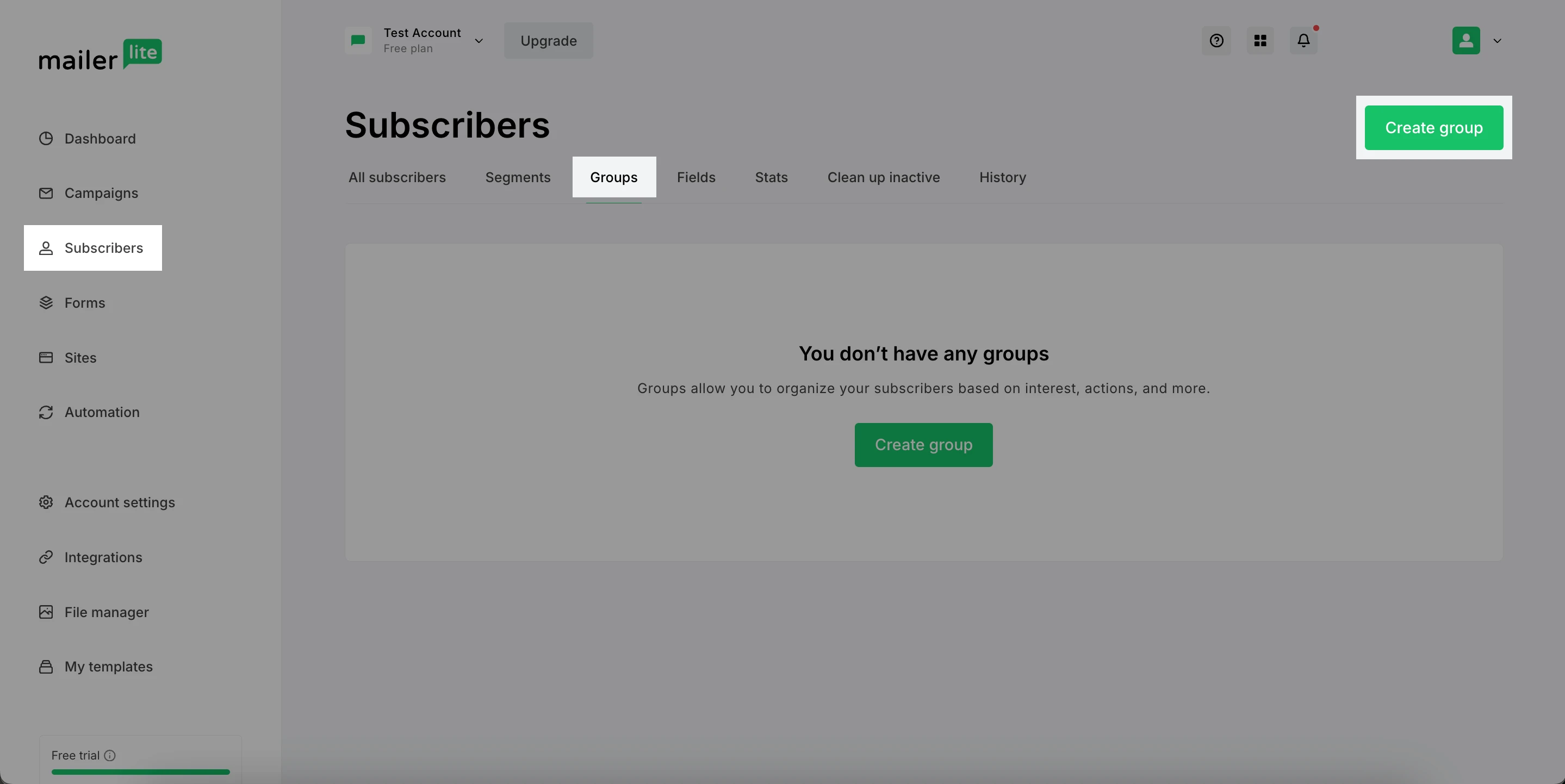 The MailerLite app with navigation for creating a group highlighted.