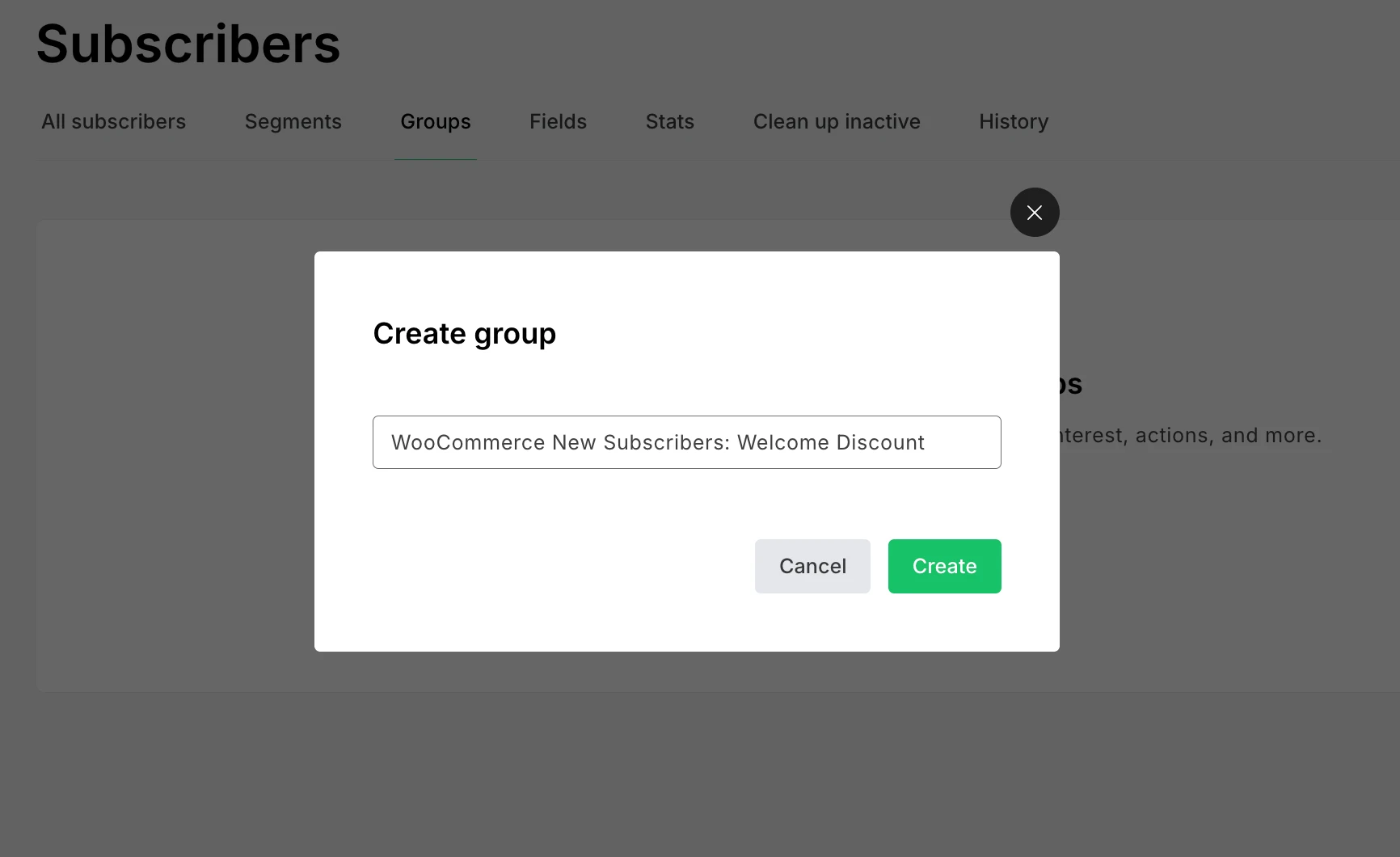 The Create group modal window for entering a group name. 