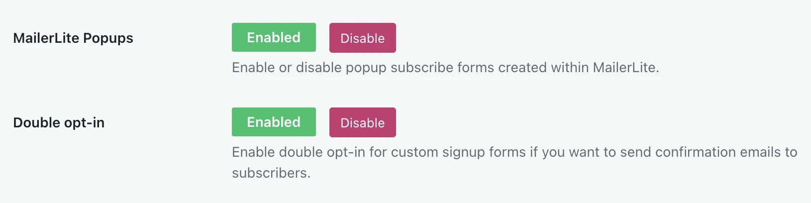 MailerLite form options in WordPress.