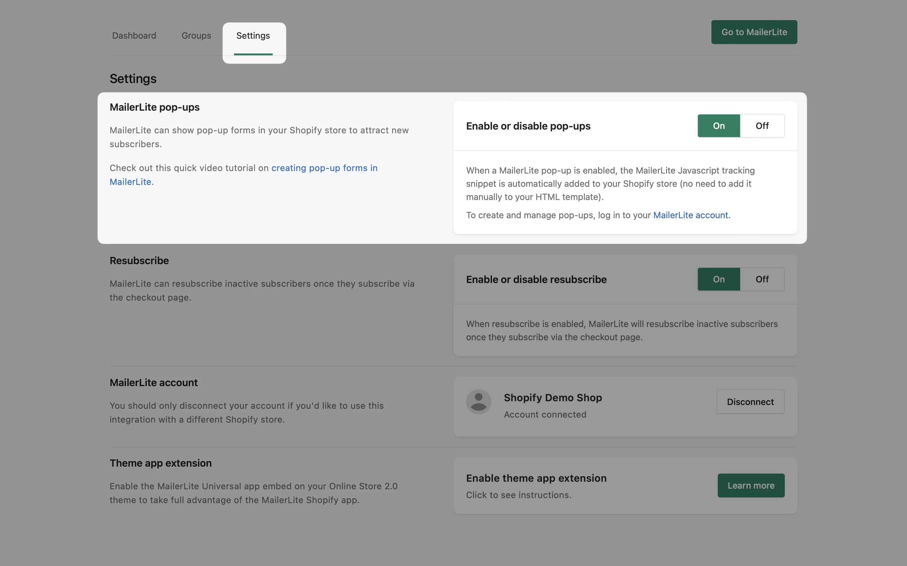 The MailerLite plugin settings in Shopify with the pop-up options highlighted.