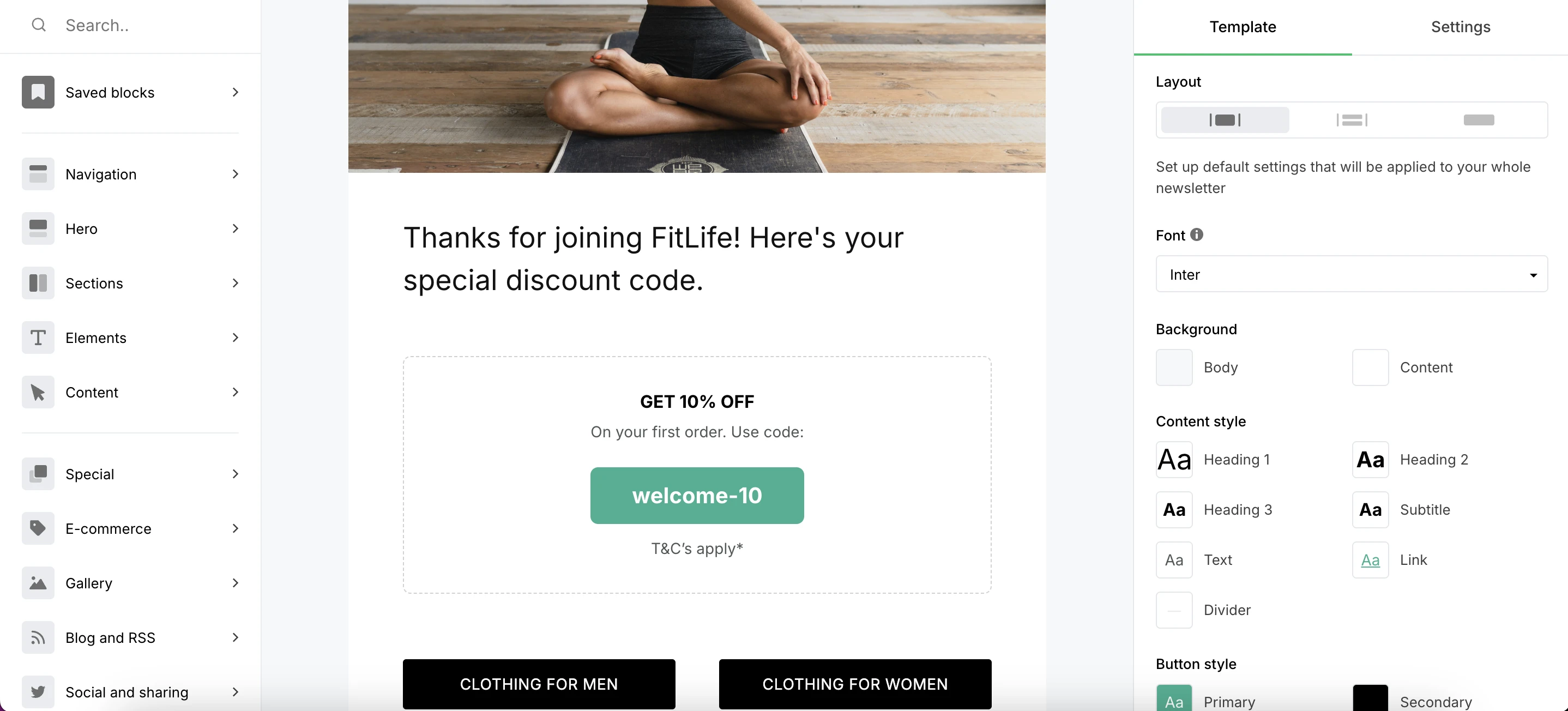 An example of creating a coupon code email in the MailerLite Drag and drop email builder.