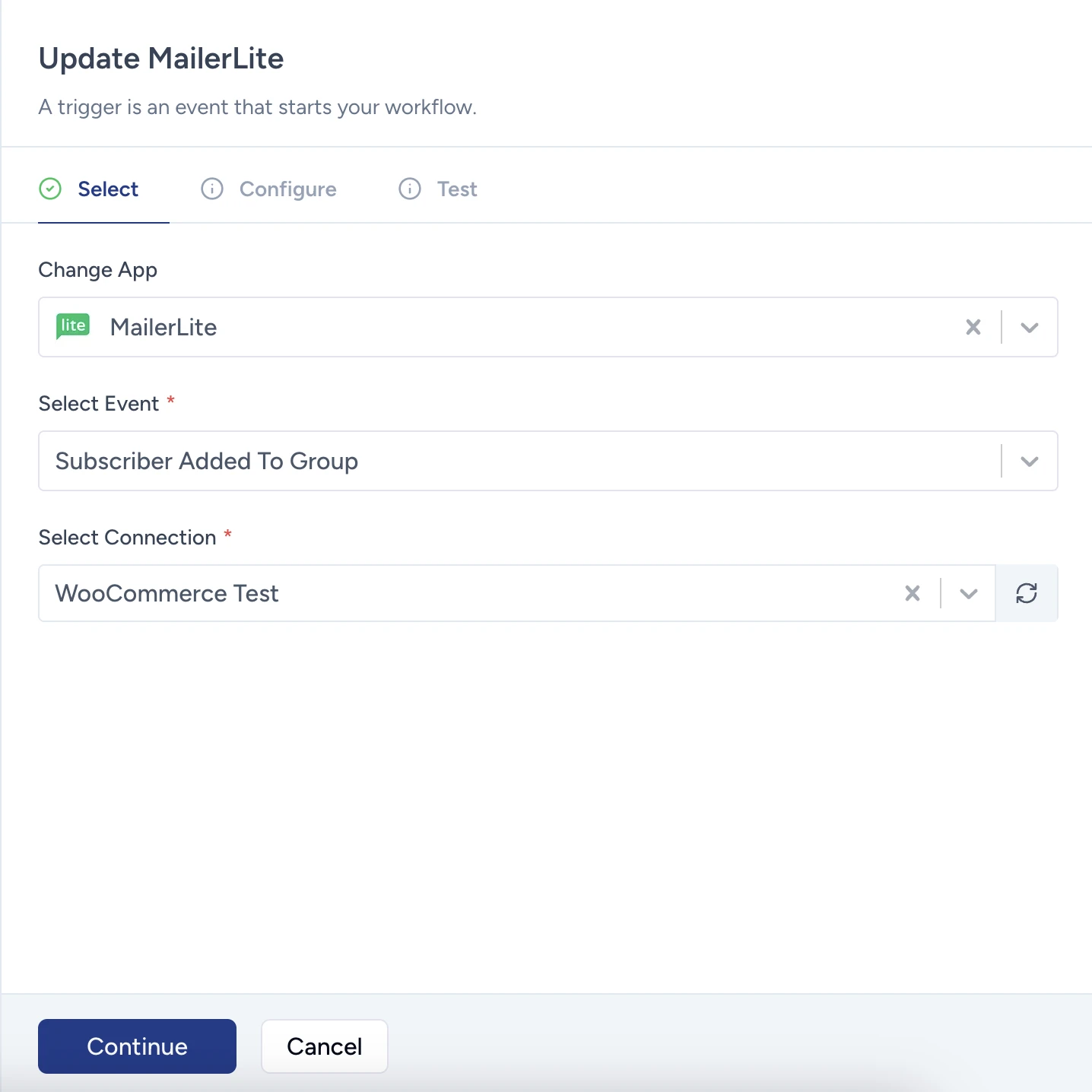 Steps in SureTriggers for connecting MailerLite.