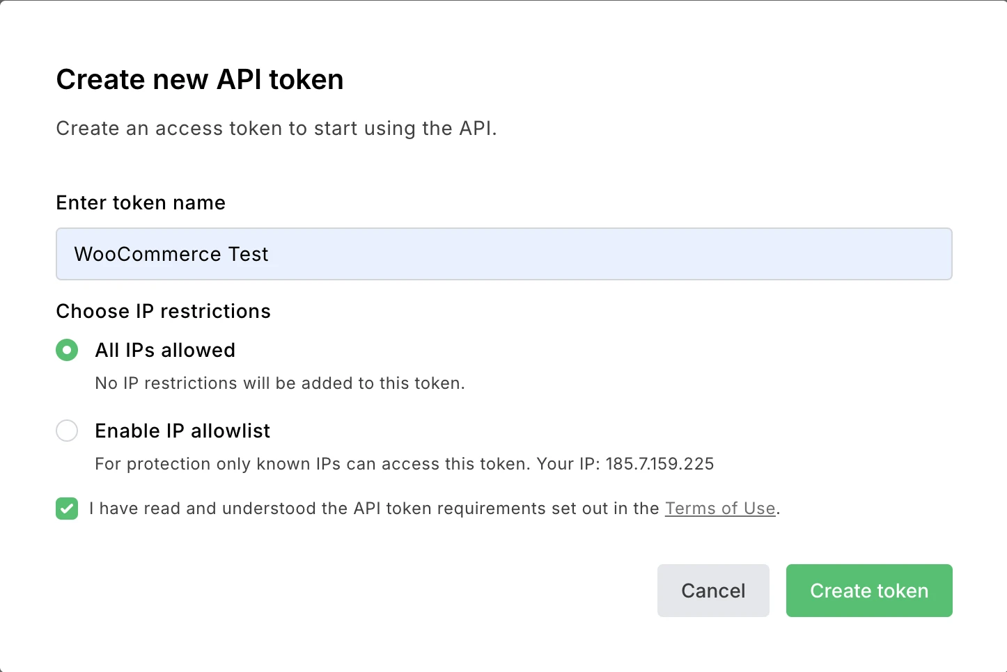 The Create new API token modal window in MailerLite.