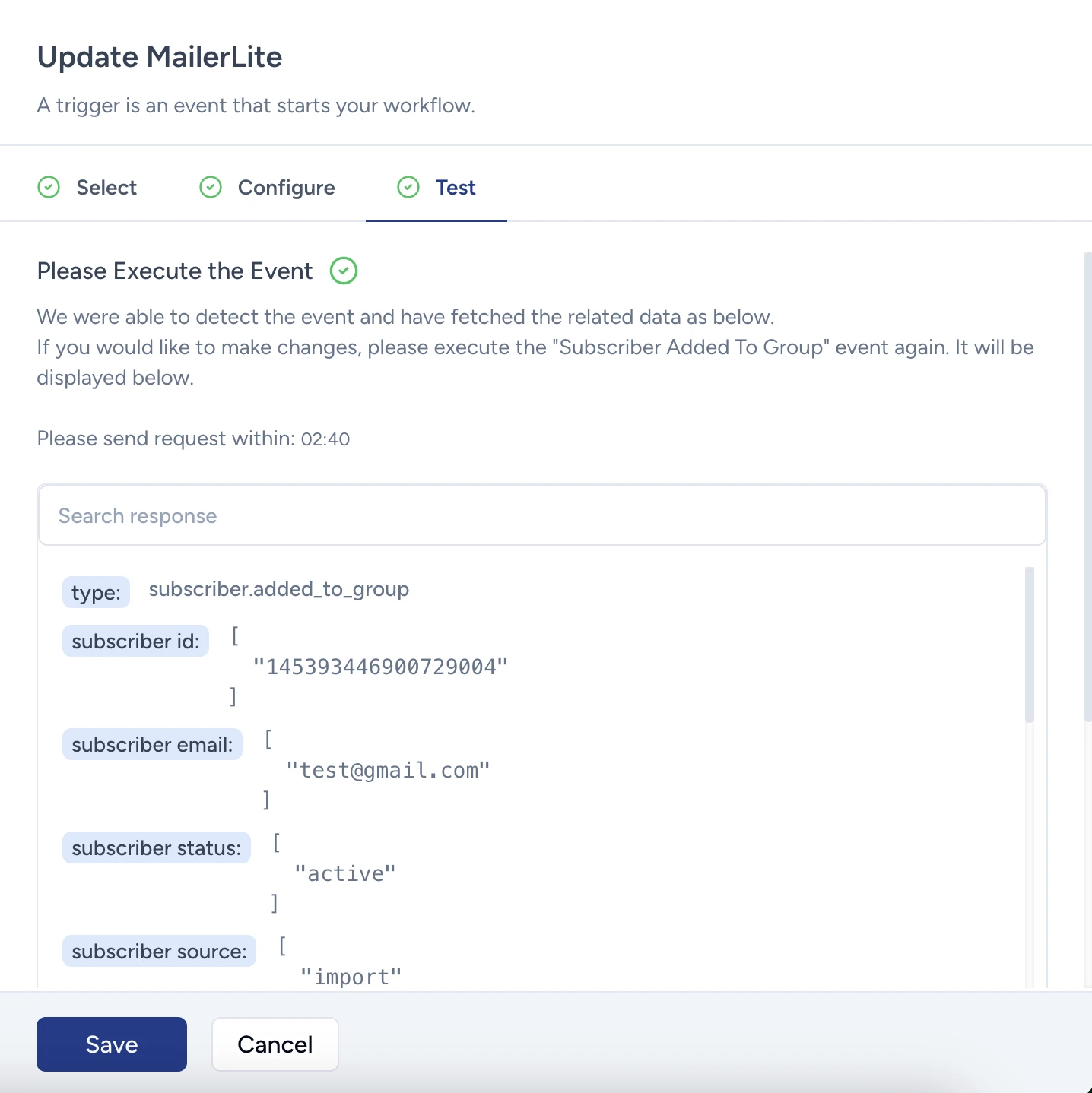 A successful test of the MailerLite connection in SureTriggers.