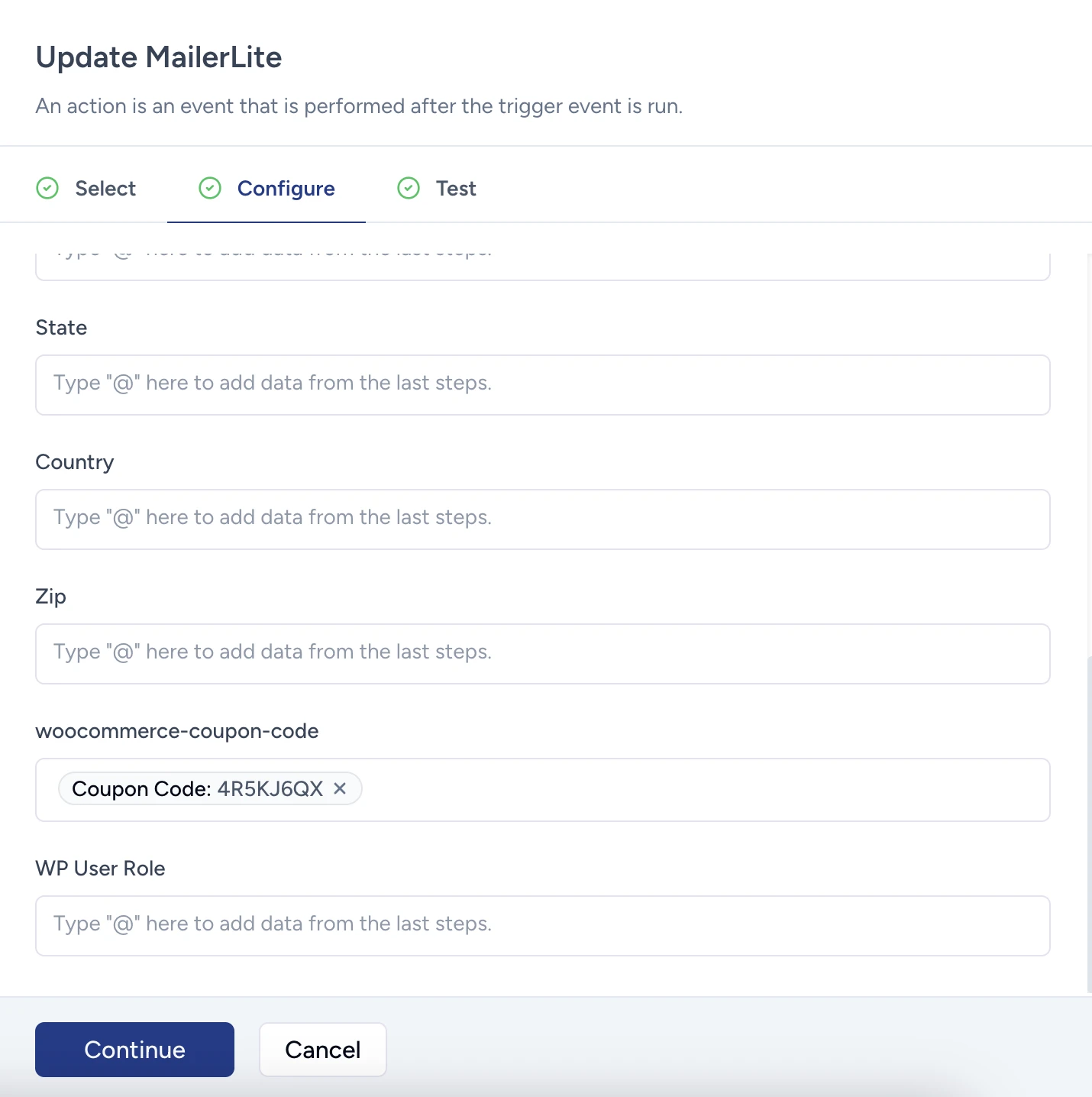 The action step configuration in SureTriggers showing the Coupon Code data.