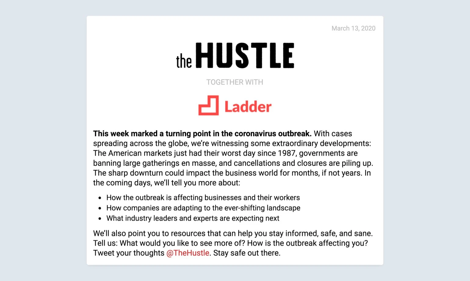 hustle email communication example during uncertain times