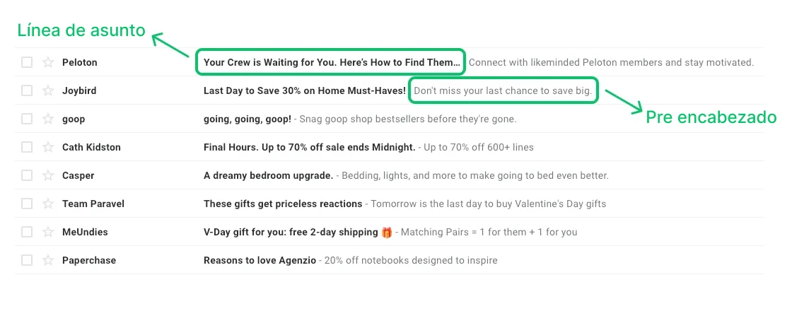 Captura de pantalla que muestra las líneas de asunto y los preencabezados en la bandeja de entrada