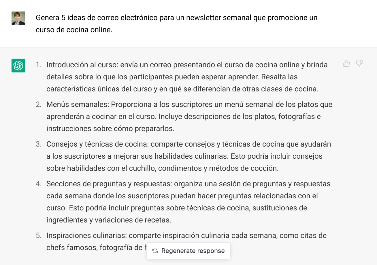 Solicitar a ChatGPT ideas para campañas por correo electrónico