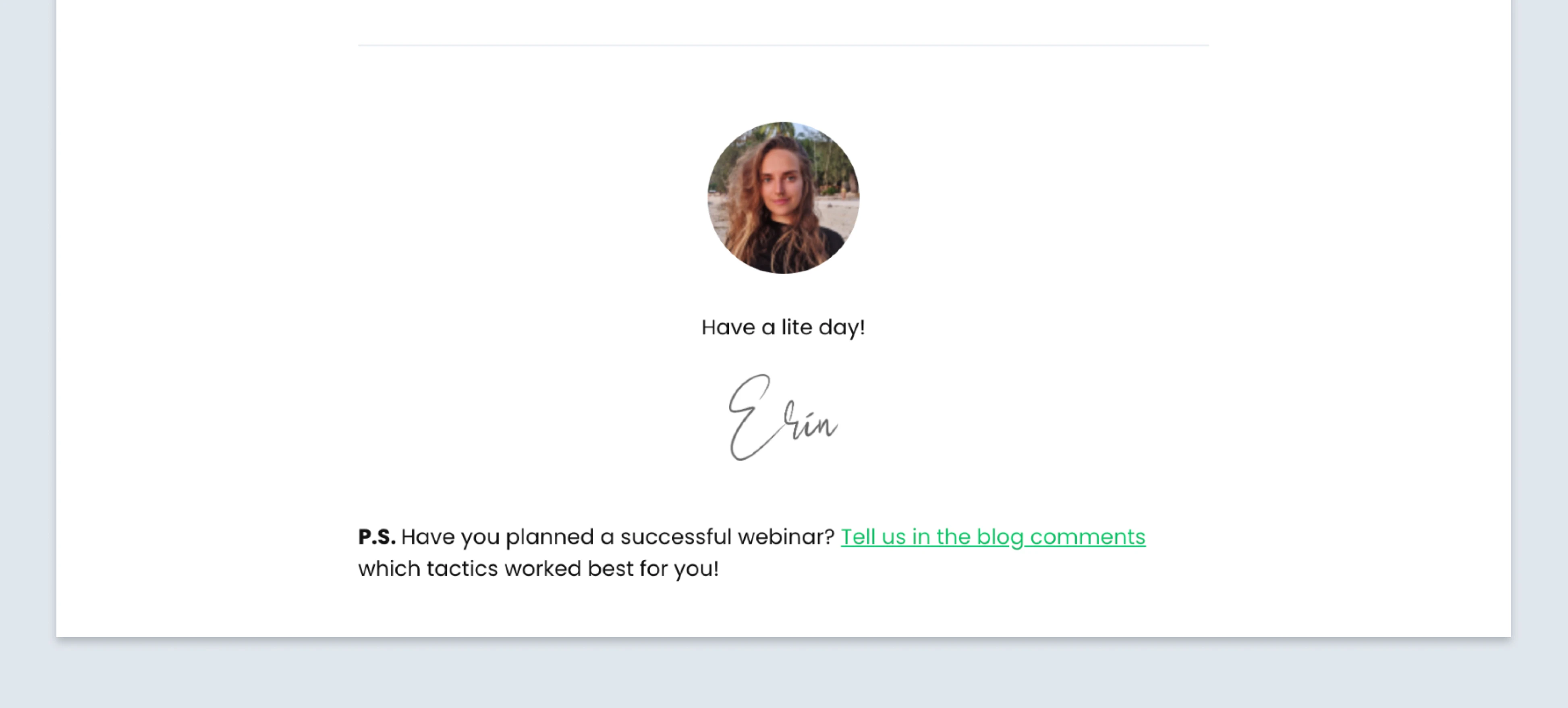P.S. line example signature email - MailerLite newsletter