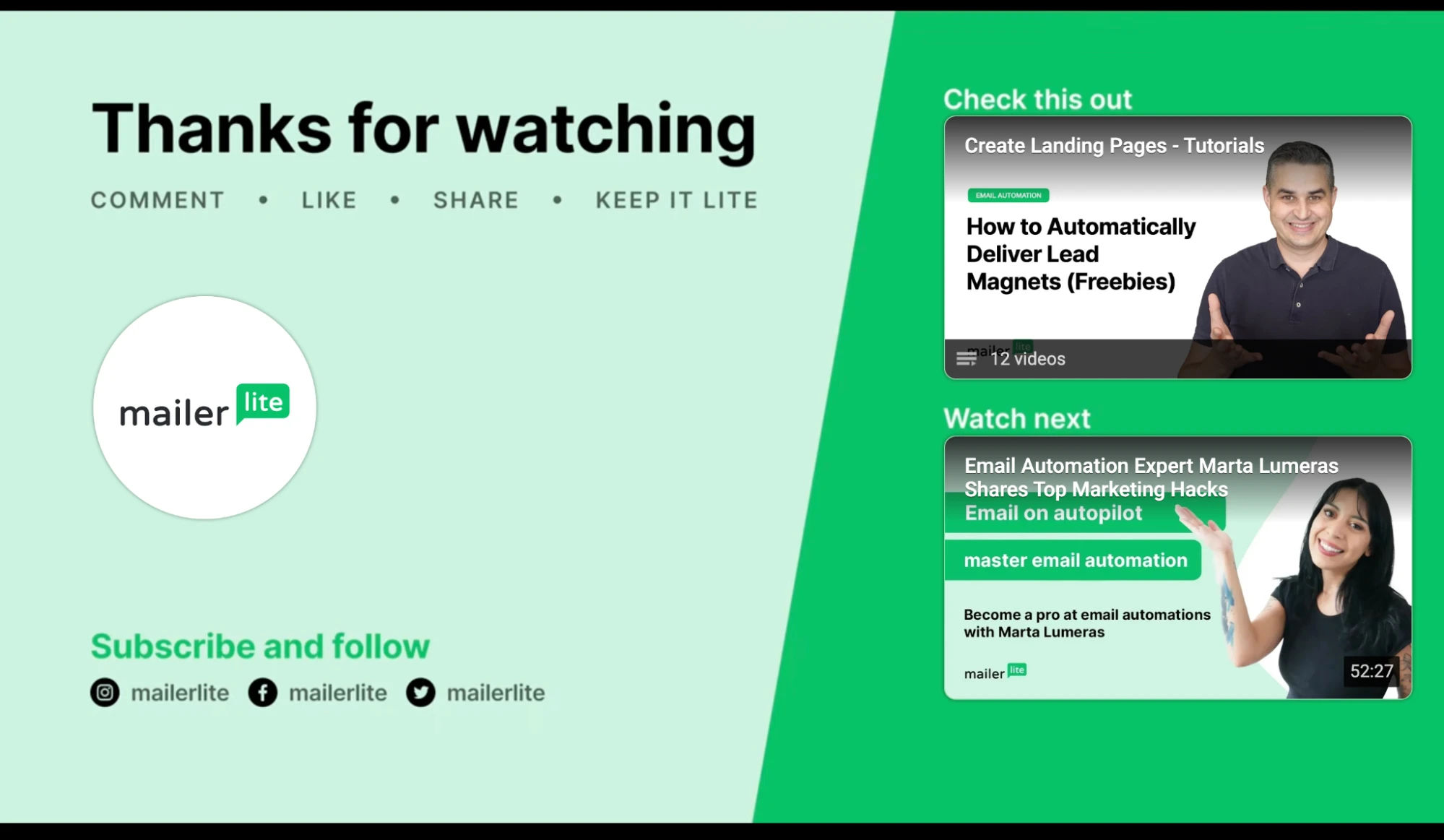 YouTube video endscreens on MailerLite video