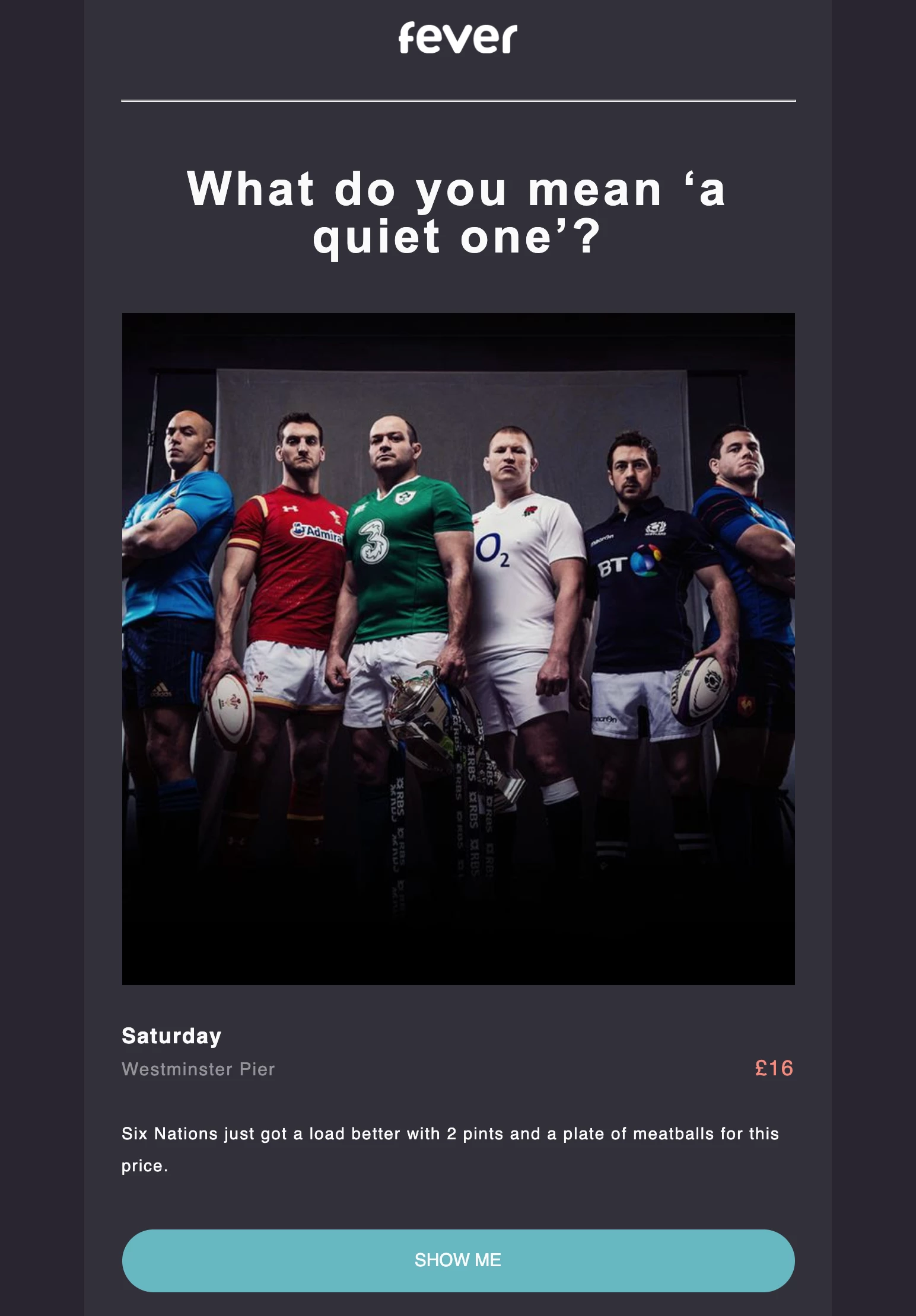 Screenshot of a six nations themed email from Fever