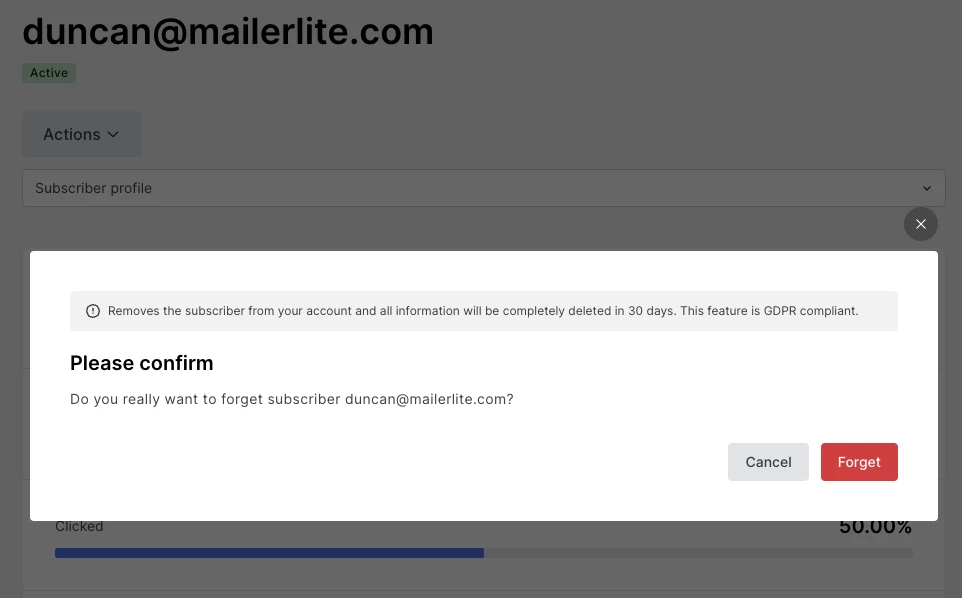 Confirming the forget feature in MailerLite