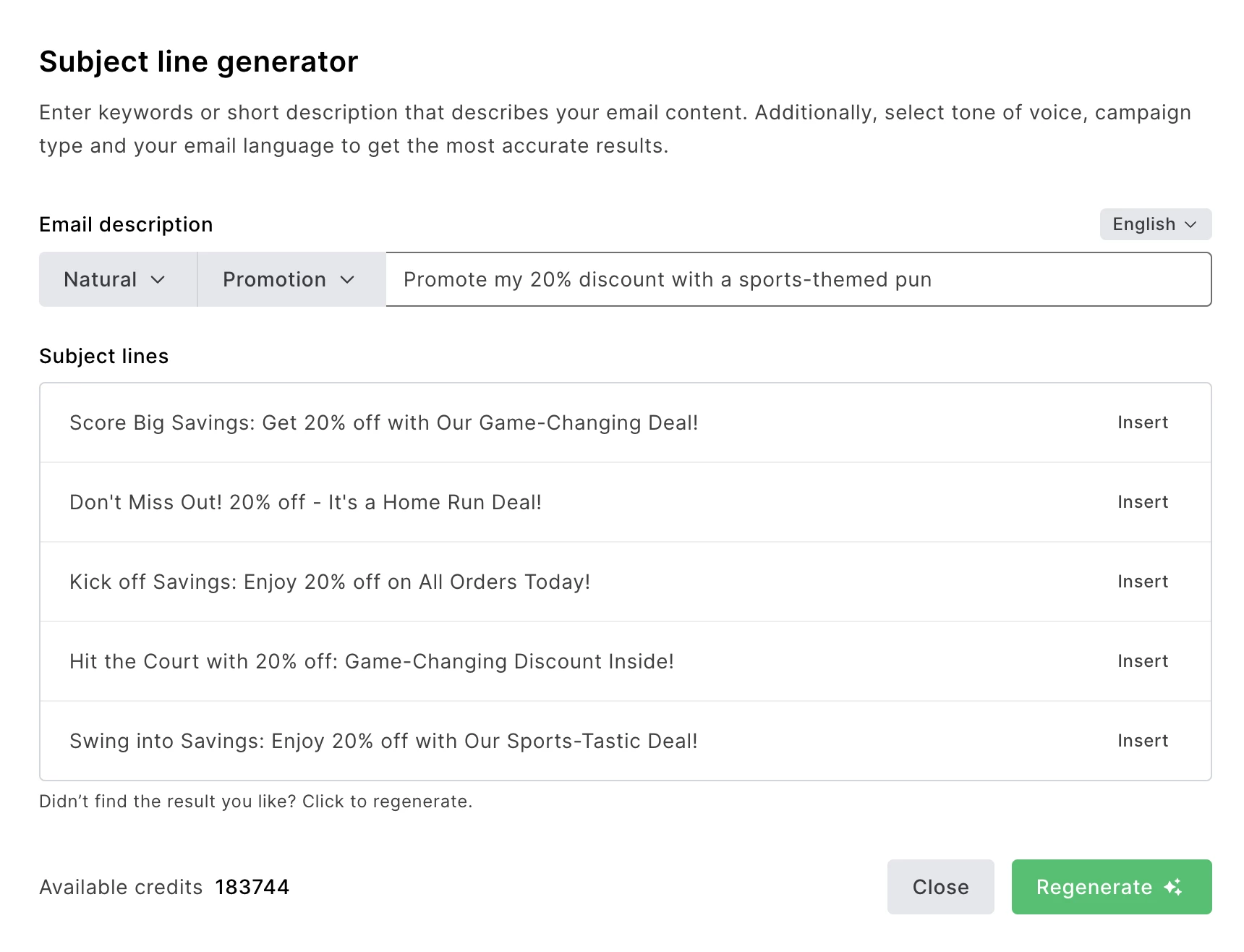 Screenshot showing MailerLite's AI subject line generator