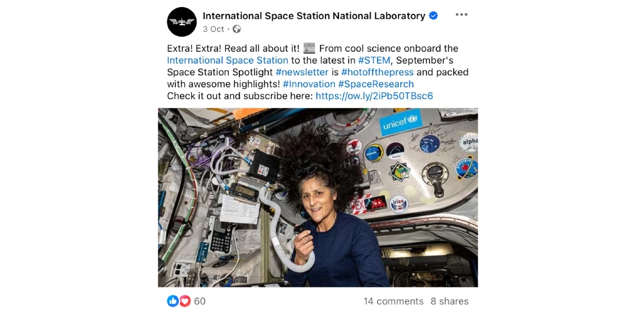 International Space Station Facebook post example with photo of Sunita Williams.