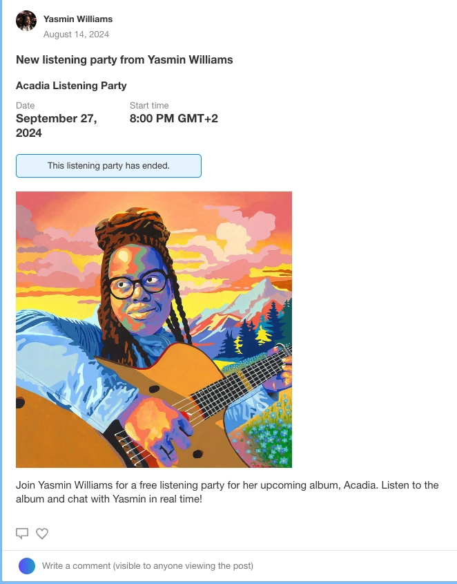 Screenshot of an announcement for a listening party on Bandcamp