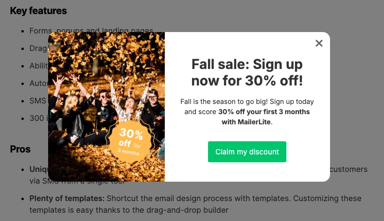 MailerLite fall sale pop-up