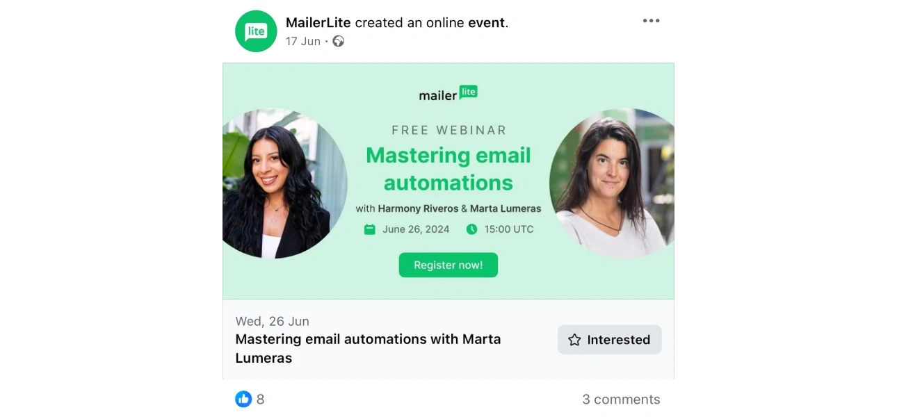 MailerLite webinar Facebook post example.