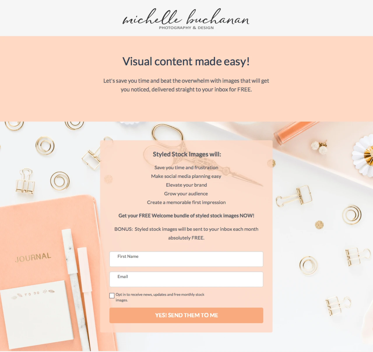 Michelle Buchanan photography and design stock images landing page built with - MailerLite