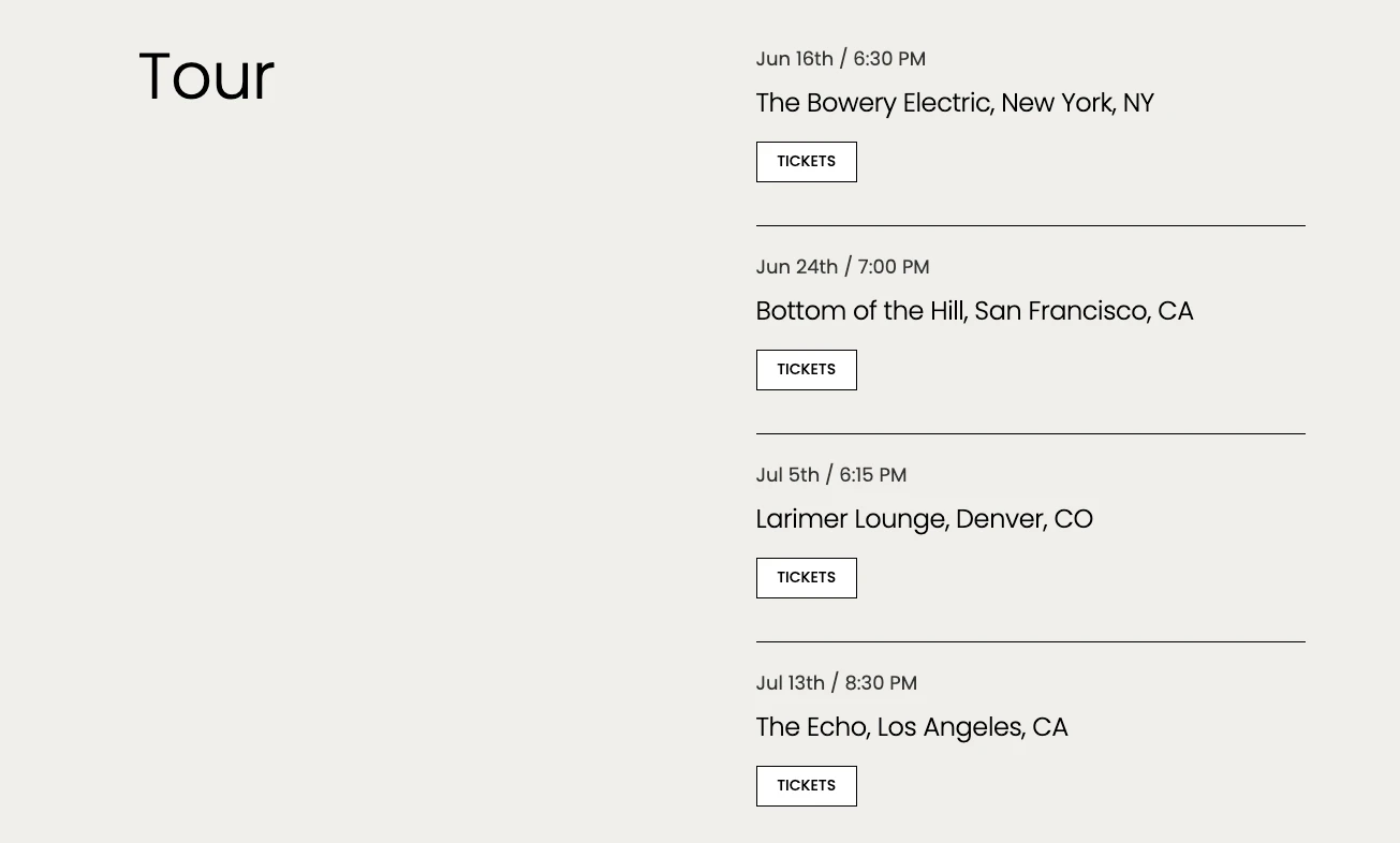 A series of upcoming tour dates displayed on a website