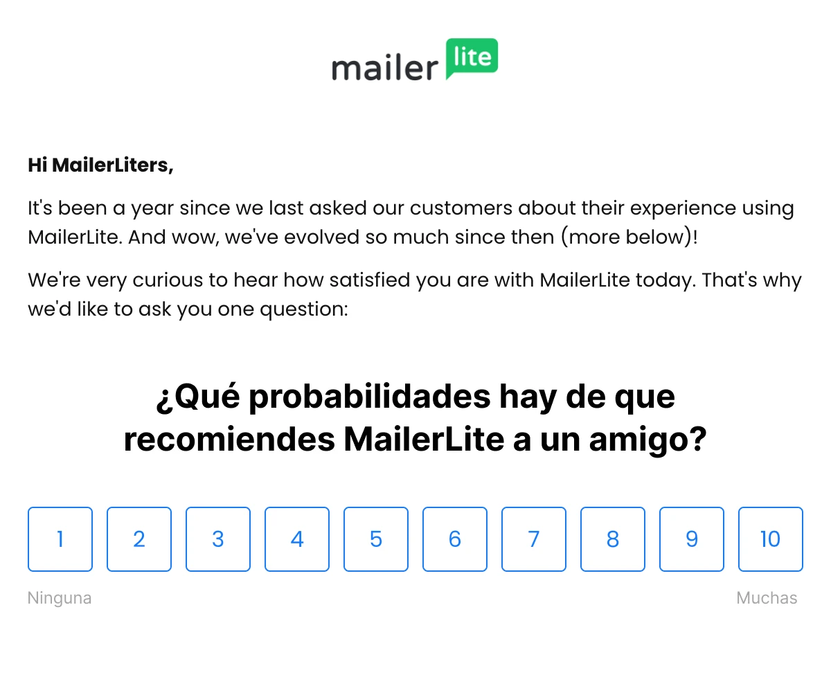 MailerLite NPS encuesta por correo electrónico qué probabilidad hay de que nos recomienden. Escala de 1 a 10