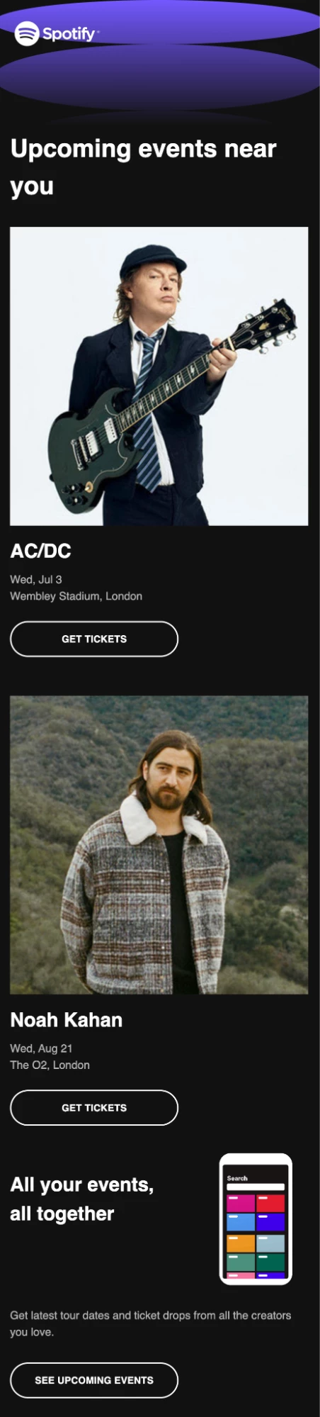 Event email from Spotify promoting multiple local concerts