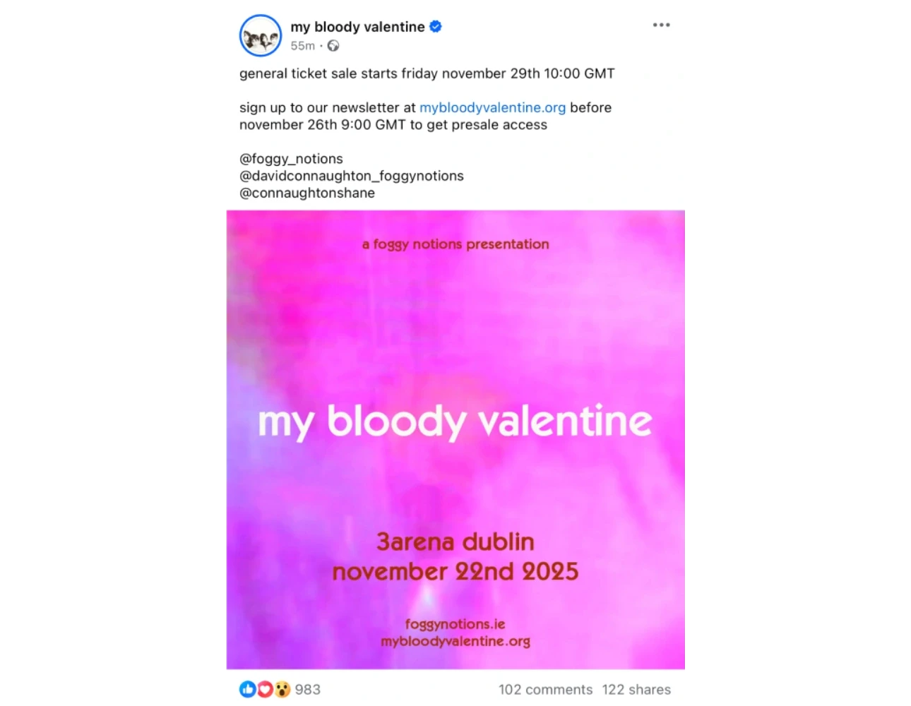 My Bloody Valentine Facebook post example with pink banner.