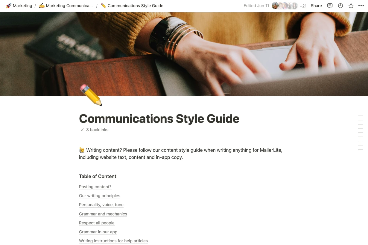 Style guide page on Notion